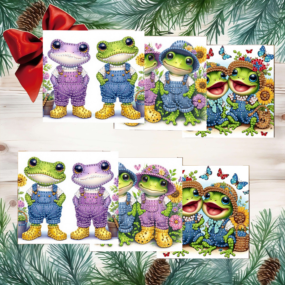 TEMU 6pcs Unique And Creative Cartoon Cute Friendship Frog-themed Birthday Cards, Design. Round Rhinestone Painting Card Handmade Craft Kit Includes