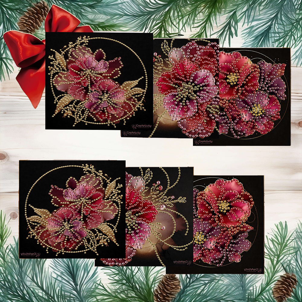 TEMU 6 Unique And Creative Cartoon Elegant Floral Themed Birthday Cards, Design. Round Rhinestone Painting Card Handmade Kit Includes 6 Cards, 6