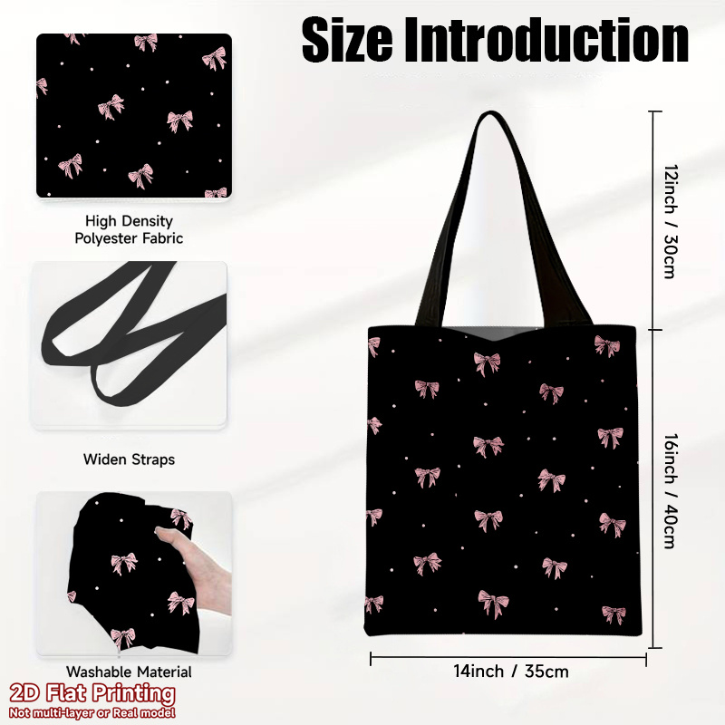 TEMU 1pc Stylish And Practical Handbag, Reusable, Multi-functional, Large-capacity Shoulder Bag, Pink Bows And Dots Pattern, Durable Polyester,