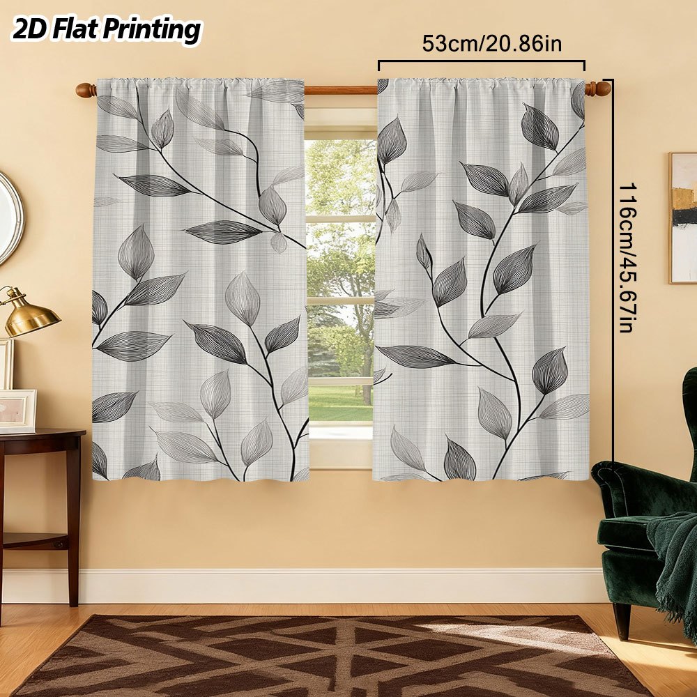 TEMU 2d Flat, 2pcs 2d Flat Gray Leaf Branches Printed Curtain â Chic Rod For Living Room, Kitchen, Office, Bedroom, Adds , , Durable Fabric (rod Not