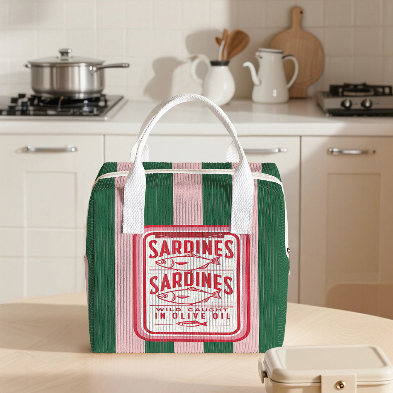 TEMU 1pc, Lunch Bag, Striped Pattern With Sardine Label 2d Print, Non-food Contact, Handheld Square Bento Organizer, Daily Commute//spring