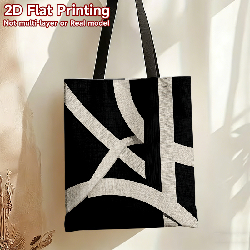 TEMU 1pc, 2d Flat 2d Flat Effect, Modern Black And White Geometric Line Printed Tote Bag, Large Capacity And Durable, Suitable For