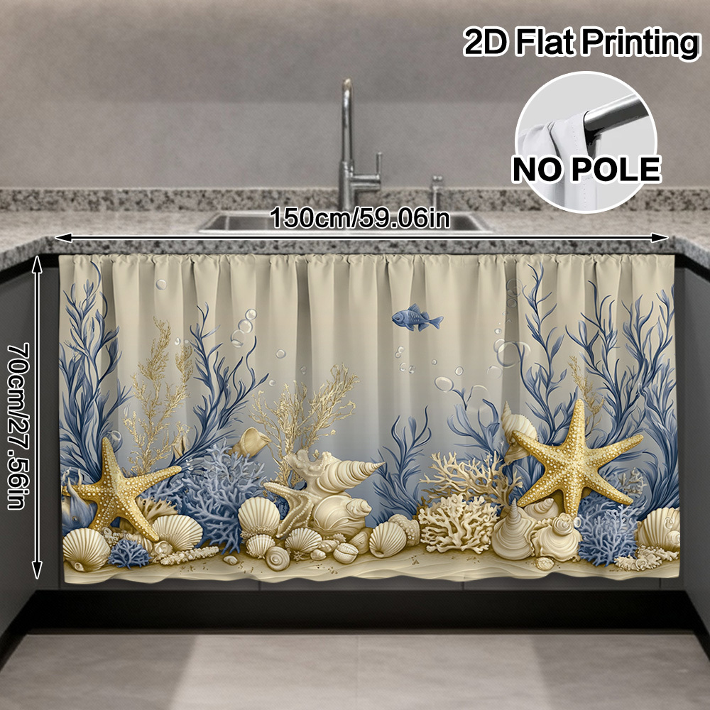 TEMU 2d Flat - 2d Flat - 1pc 2d Flat Underwater Scene With Starfish And Shells Decorative Curtains For Cabinets, Ideal For Kitchen Cabinet, Bathroom