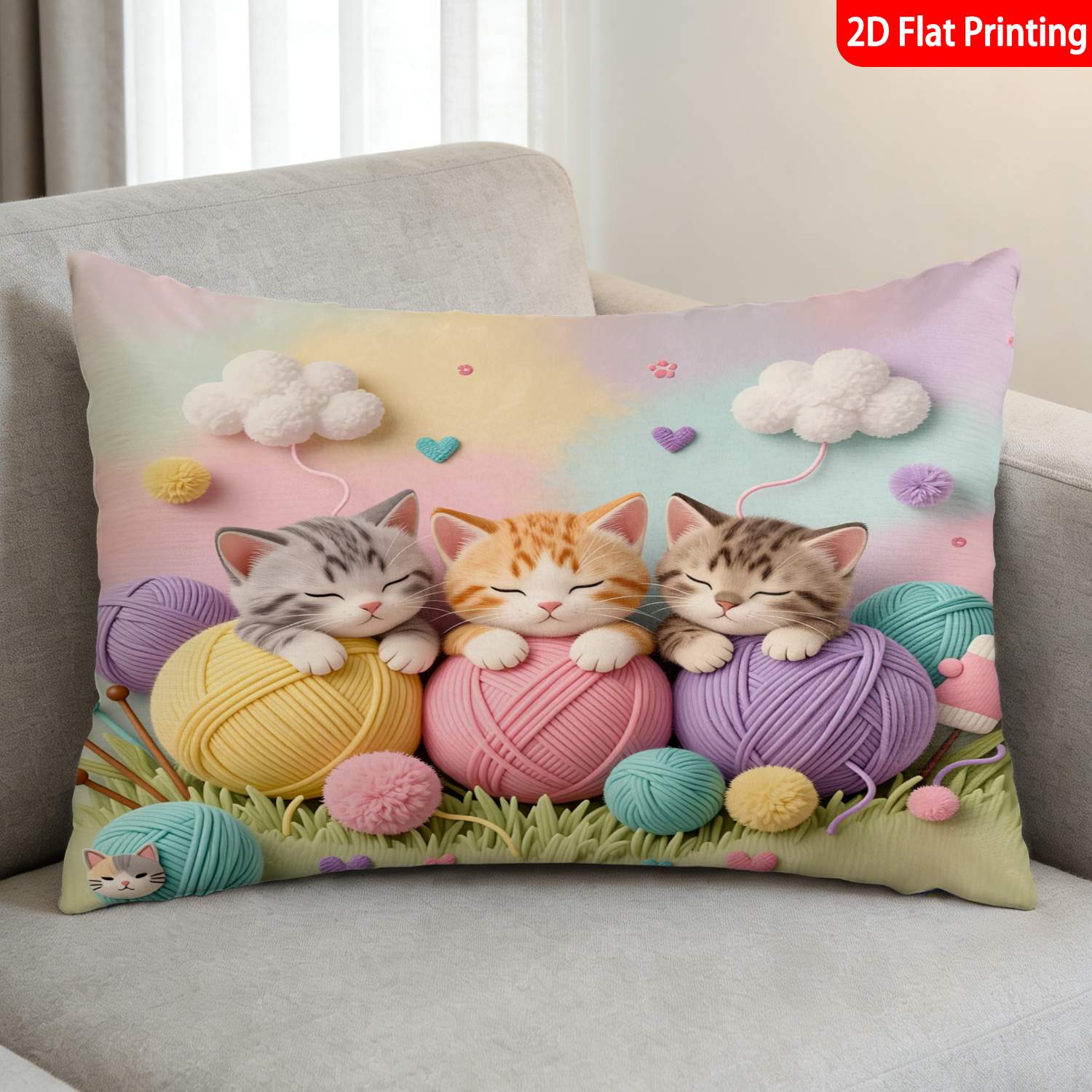 TEMU 1pc Pillowcase (pillow Inserts Not Included) 2d Flat Print Pastel Color Cute Kittens On Yarn Balls With Clouds And Hearts Pattern Ideal For Home