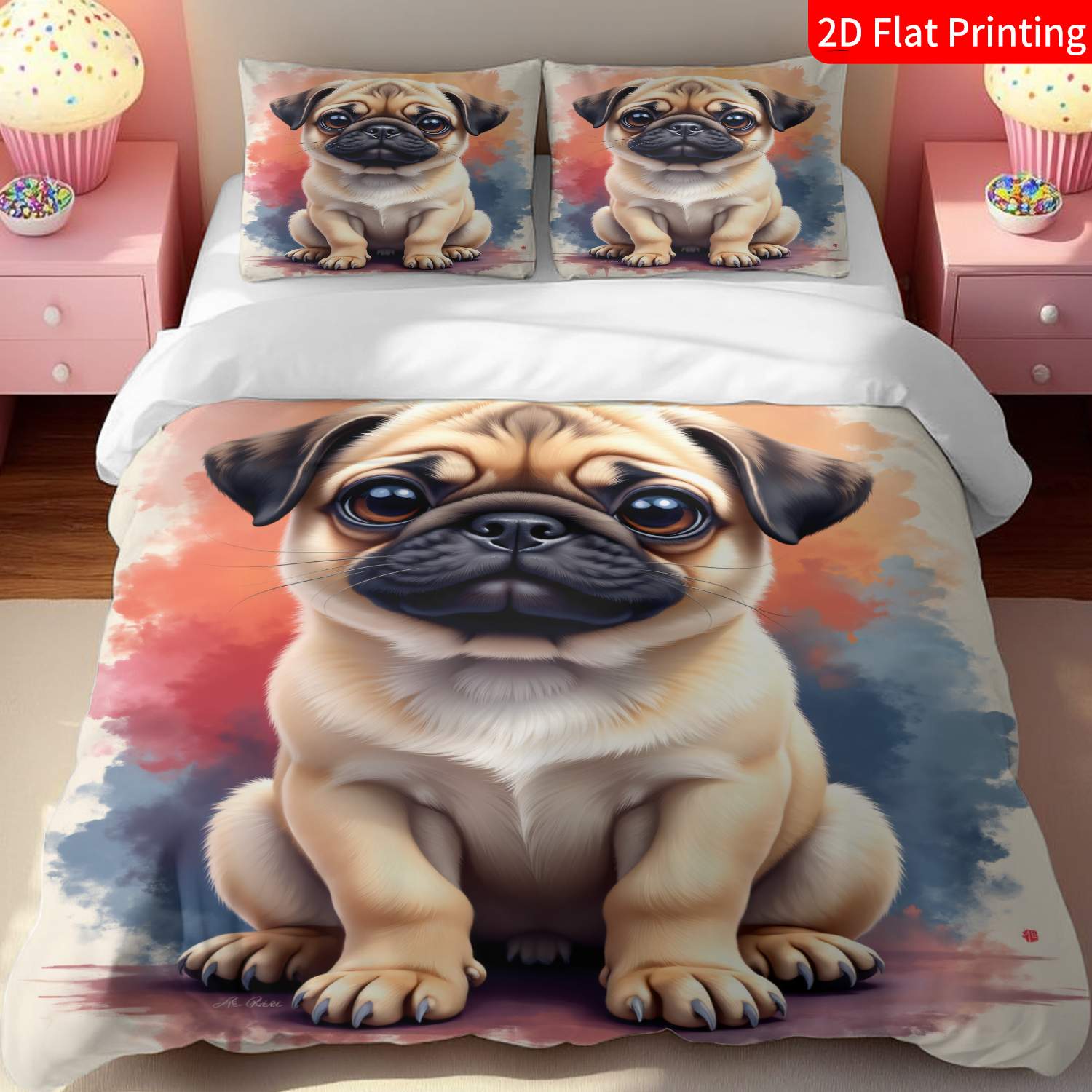 TEMU 2/3pcs 2d Flat Printing Cute Cartoon Pug Dog Quilt Cover Bedding Beige With Black Ears Watercolor Pattern And Text Suitable For Bedroom