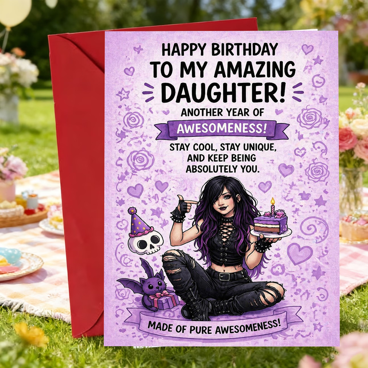 TEMU 1pc Greeting Card And 1pc Envelope. 2d Flat Purple Gothic Style Birthday Card, Happy , Daughter, Fashionable Purple Theme Design, Includes Cake
