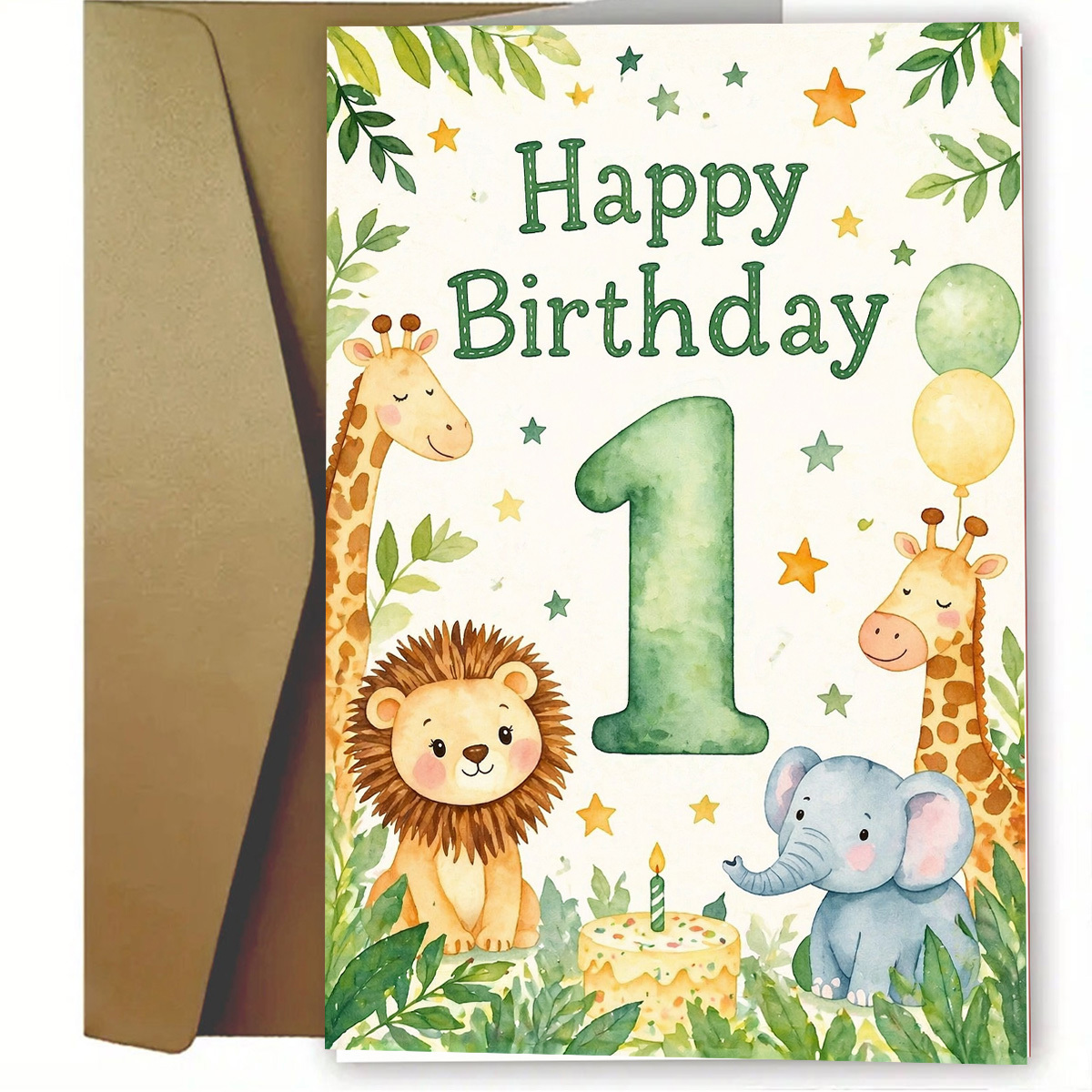 TEMU 1 ensemble (une carte de vœux et une enveloppe). Adorable carte d'anniversaire sur le thème de en aquarelle, " 1er anniversaire", avec une jolie