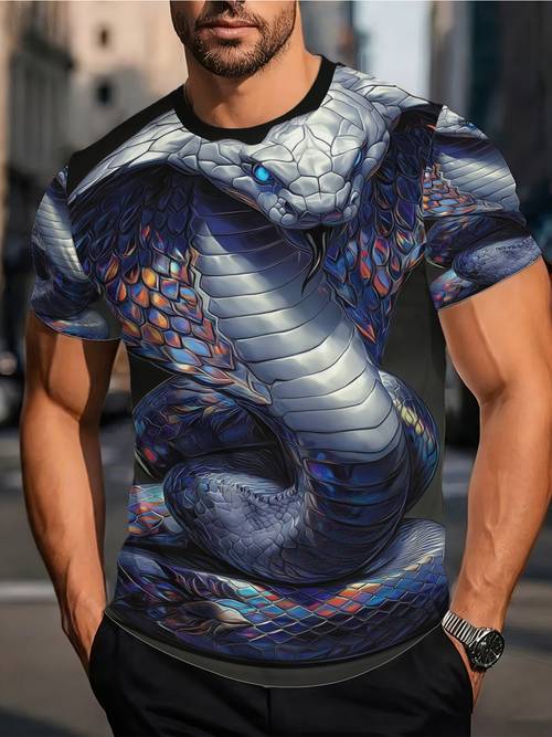 photo de l'article T-shirt Motif Cobra Dominant, Haut Imprimé Peau de , Tendance Manches Courtes Thème Animal, T-shirt Design Tendance de , T-shirt Unique avec Élément Reptile