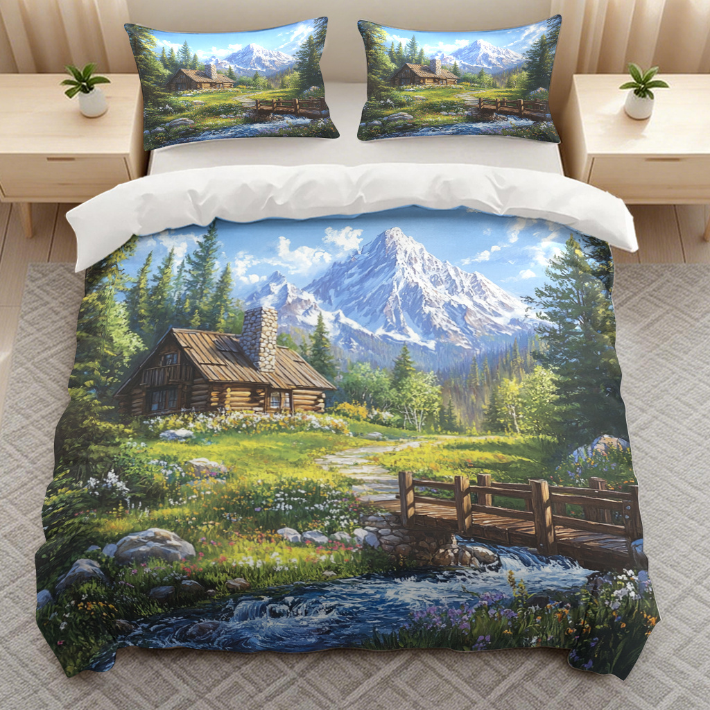 TEMU Cabin Mountain Stream Themed 3pcs Bedding, Quilt Cover And Duvet Cover, Trendy Lightweight Soft Bedding (1 X Duvet Cover And 2 X Pillowcases)