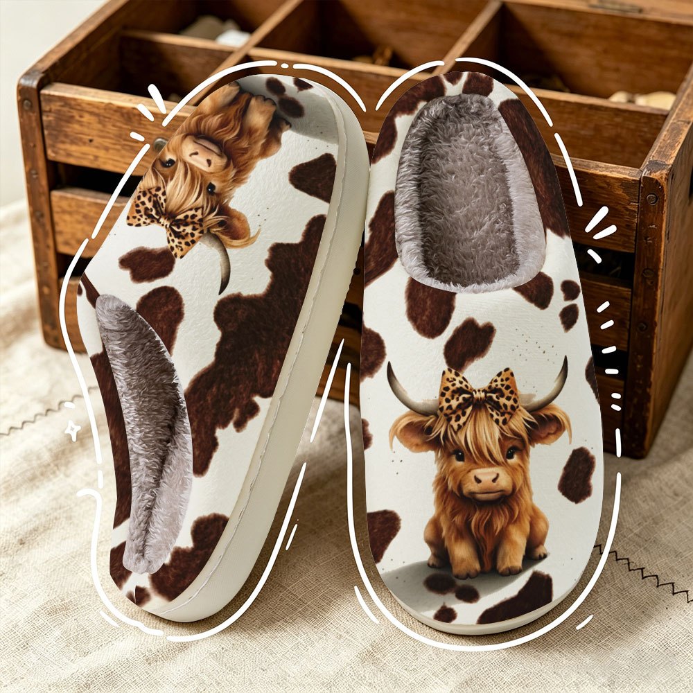 TEMU Women's Fashion Home Slippers With Brown And Print Background, Leopard Print Bow, And Long-haired Highland Cow Print. Unisex, An Essential Gift,