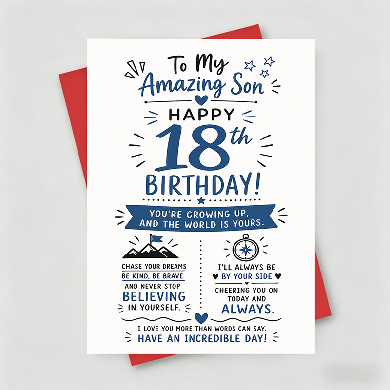 TEMU 1 Greeting Card + 1 Envelope Birthday Card, Featuring A Blue And With Stars, Heart And Messages, "to Son Happy 18th Birthday", Suitable For Son,