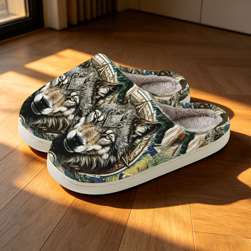 TEMU Wolf Totem Print Fashion Non-slip Slippers, Unisex Style For , Light And Soft On The Feet And Warm, Soft And Skin- And Outdoor Dual-use