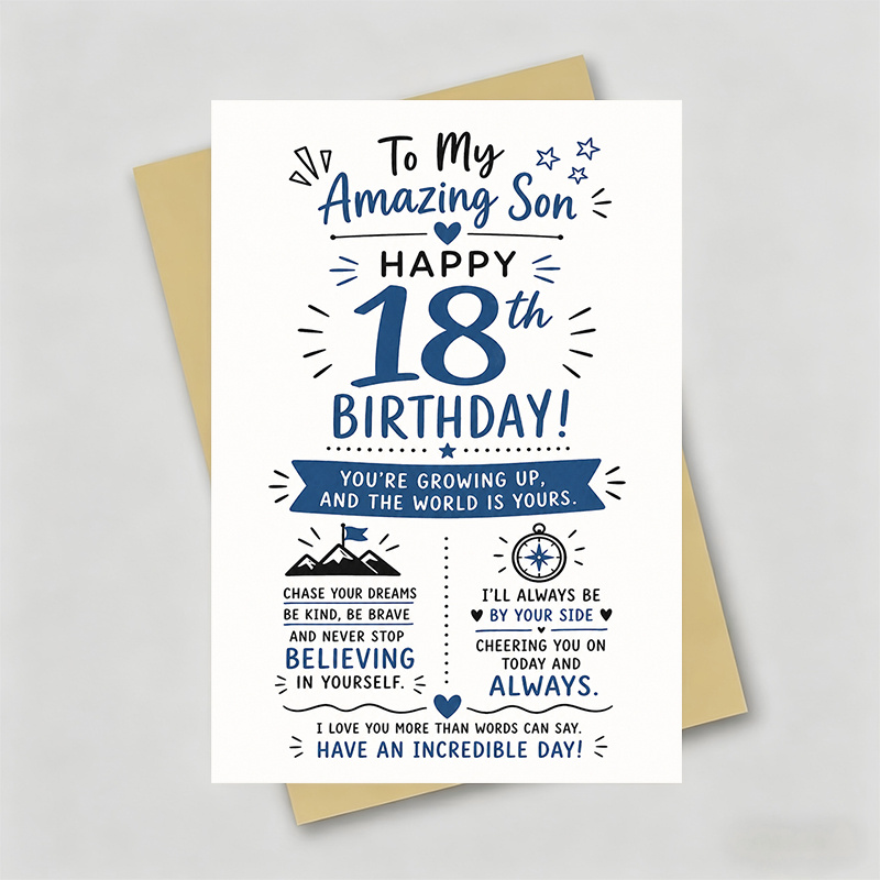 TEMU 1 Greeting Card + 1 Envelope Birthday Card, Featuring A Blue And With Stars, Heart And Messages, "to Son Happy 18th Birthday", Suitable For Son,
