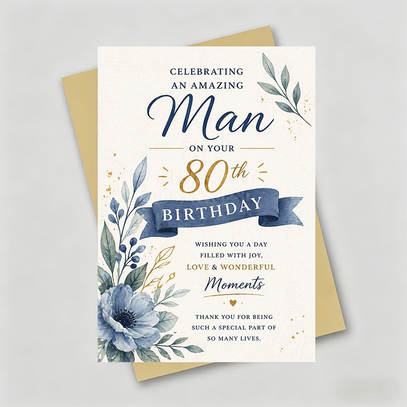 TEMU 1 Greeting Card + 1 Envelope Elegant 80th Birthday Card, Blue With Message, "celebrating An Amazing For Man On Your 80th Birthday", Suitable For