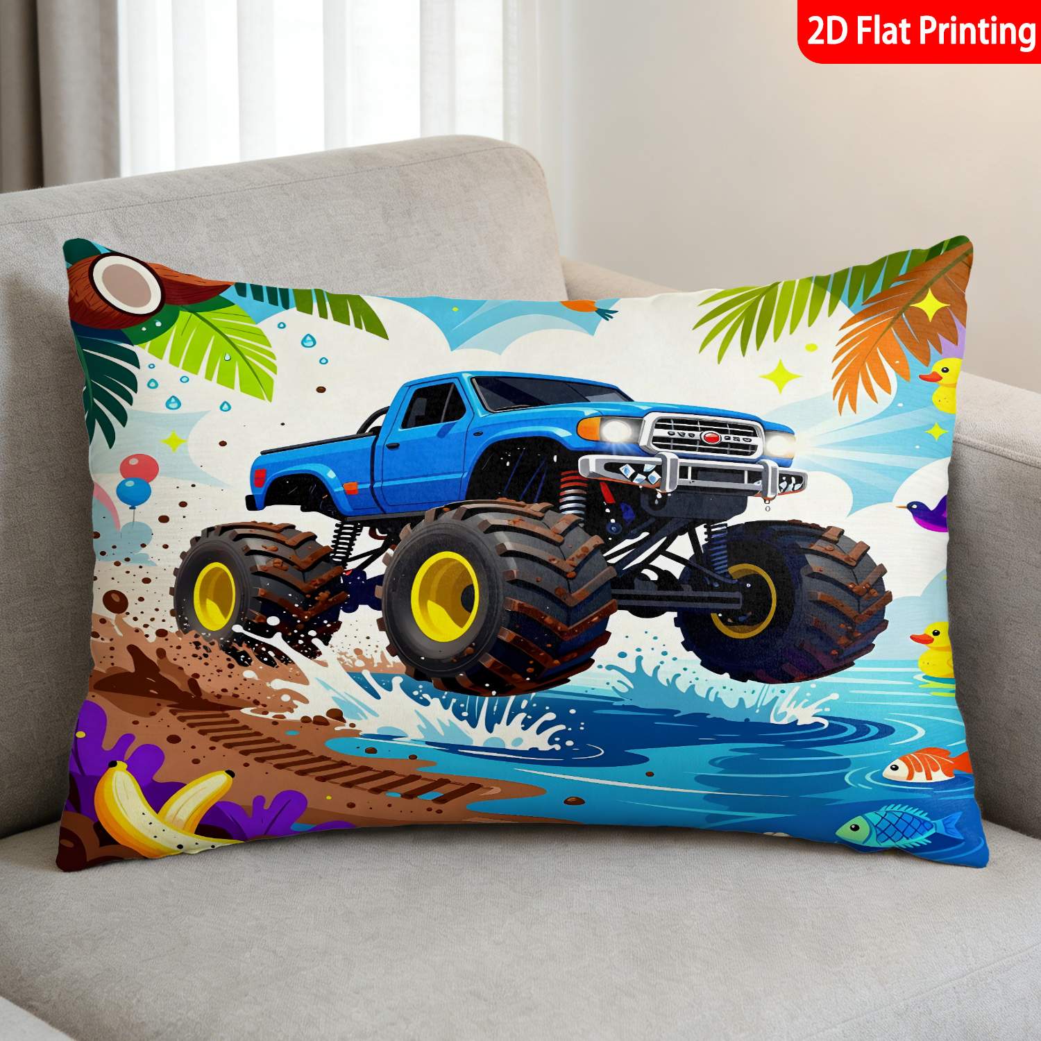 TEMU 1pc Pillowcase, (pillow Inserts Not Included) 2d Flat Print Product Printing Truck With Tropical Elements Design, Ideal For Home Decoration,