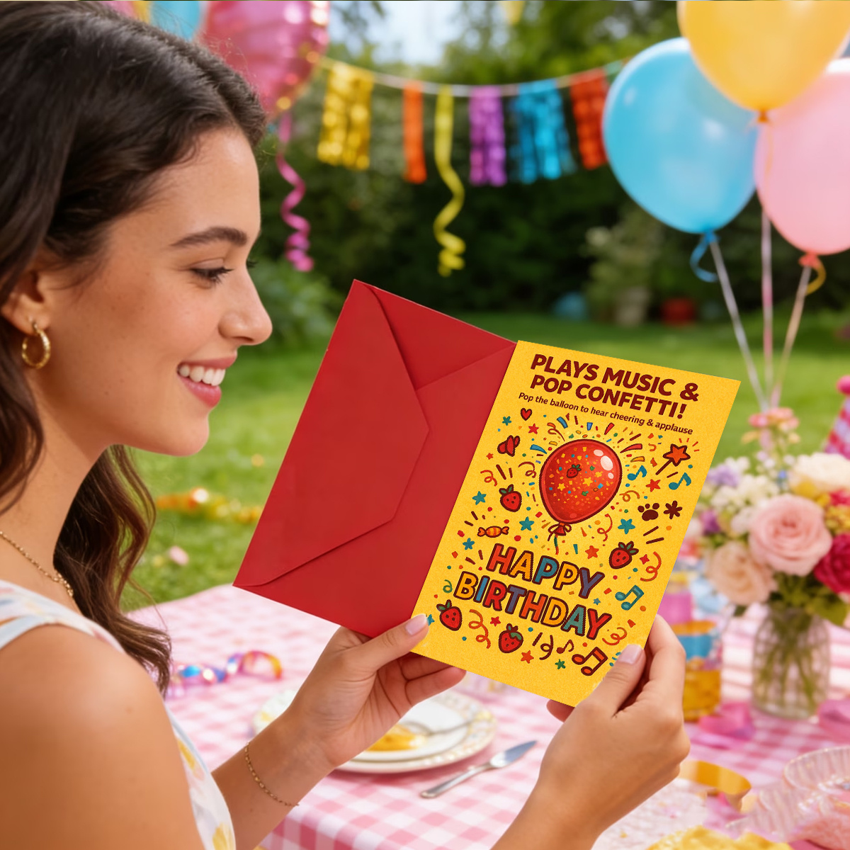 TEMU 1set(an Envelope And A Card) Cute Balloon Birthday Card, Birthday Greeting Card, Plays Music Pop Confetti Happy Birthday, Strawberry And Music ,