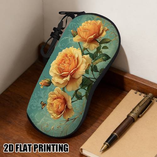 1pc yellow roses with green leaves glasses case with keychain eyewear and universal glasses ideal for casual or business wear cute art gift for friends