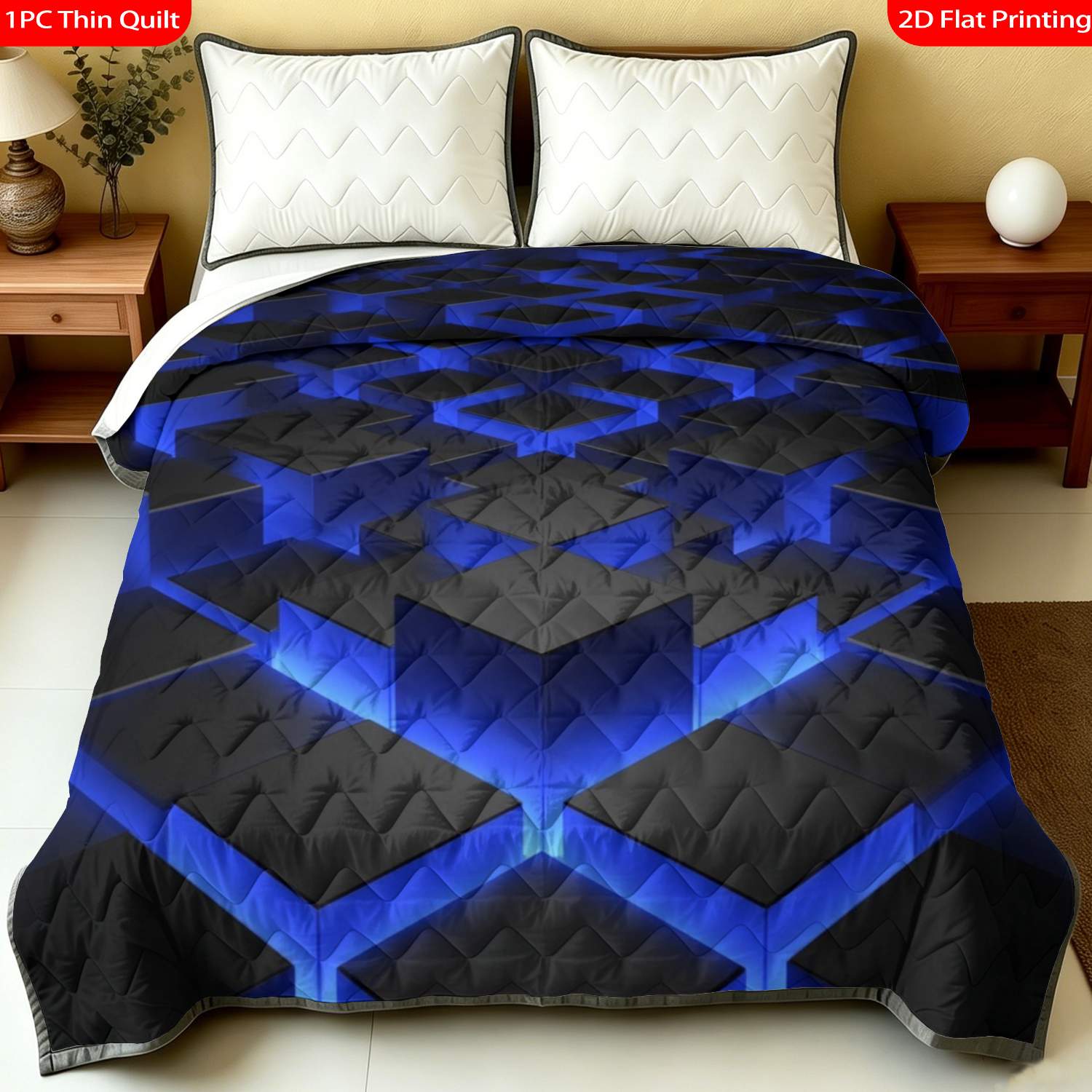 TEMU 1pc Thin Quilt 2d Flat Print Blue Geometric Cube Luminous Pattern Machine Washable And Resistant To Deformation Suitable, In Multiple Sizes,