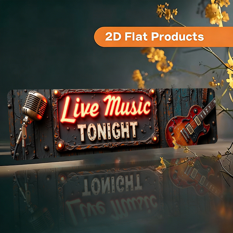 TEMU 2d Flat Design Retro-style Illuminated Signboard Featuring Neon-lettered Live Music Tonight Pattern, Vintage Microphone And Electric Guitar,