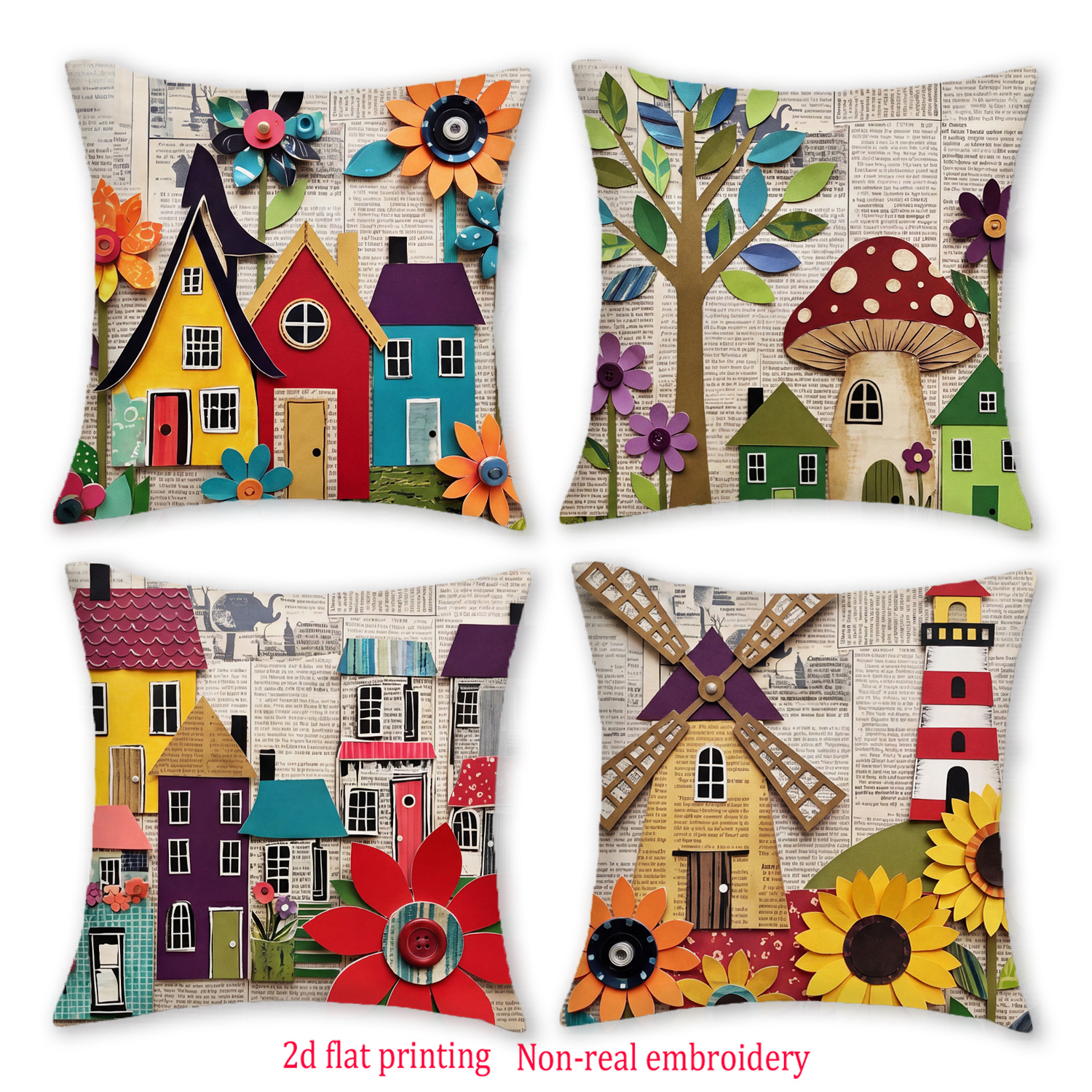 TEMU 4pcs 2d Flat Print Throw Pillow Covers, Non-real Embroidery House & Nature Pattern Cushion Covers, 18x18in, Decorative Pillowcases, For Bedroom,
