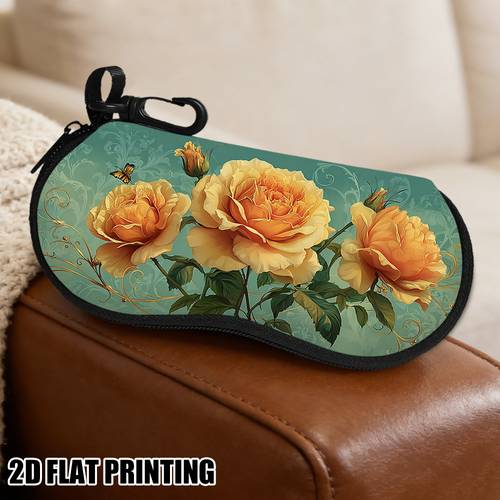1pc yellow roses with green leaves glasses case with keychain eyewear and universal glasses ideal for casual or business wear cute art gift for friends
