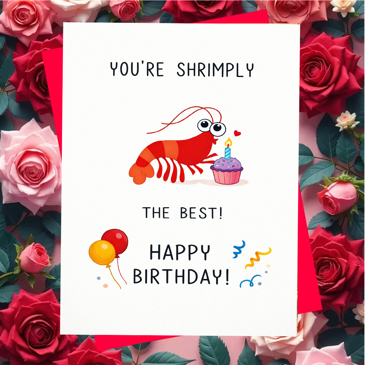 TEMU 1 Set (Ein Umschlag und eine Karte) Niedliche Garnelen Geburtstagskarte, "DU BIST EINFACH ! FROHESTEN GEBURTSTAG!" Froher Garnel mit Cupcake und