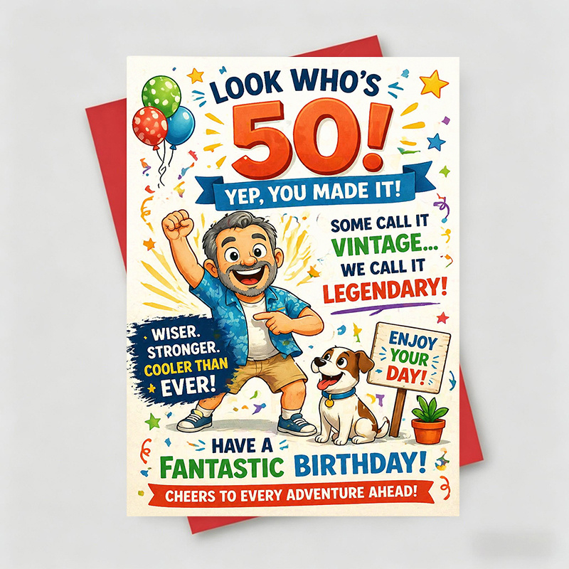 TEMU 1 Greeting Card And 1 Envelope Birthday Card, Celebrating A 50th Birthday With A And Dog, "look Who'! Yep, !", Suitable For A Man, Birthday