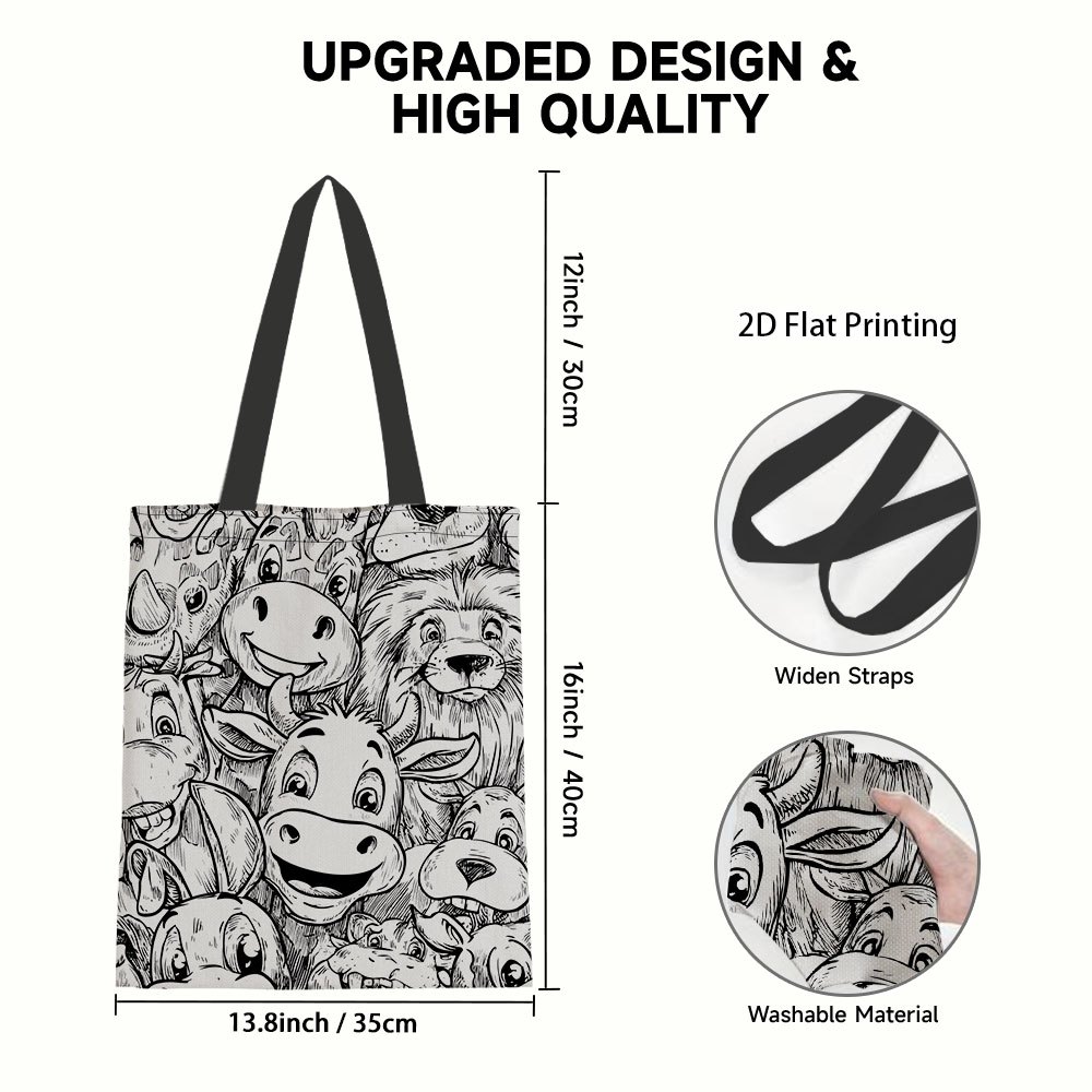 TEMU 1pc 2d Flat Cartoon Animal Faces Canvas Handbag, Reusable Grocery Bags, Large-capacity Sturdy Polyester Canvas Shoulder Bag, Great For Parties,