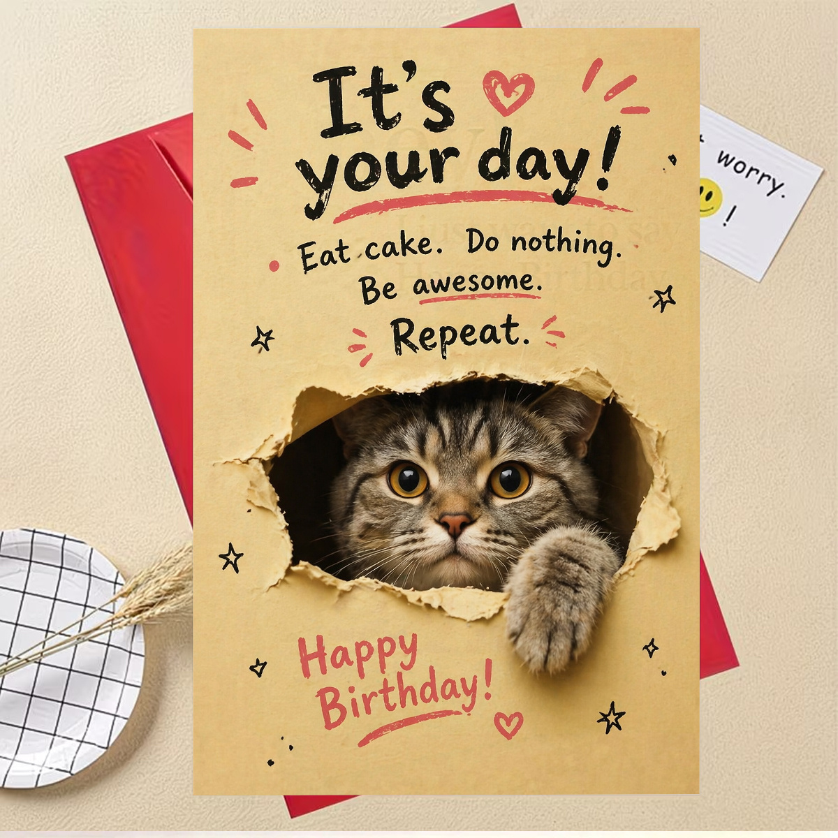 TEMU 1set(an Envelope And A Card) Cute Cat Birthday Card, Eat Cake Do Nothing Repeat, For Cat Lovers, High Quality Paper, Red Or Optional, Creative