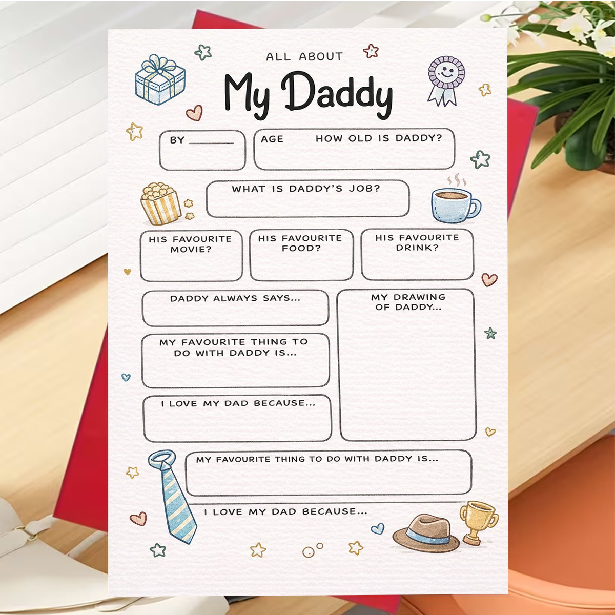 TEMU 1pc Father' Day Greeting Card, Featuring Hand-drawn Doodles With A Tie, Hat, Coffee, And Stars, And " My Daddy," Suitable For Sending To Dad Or