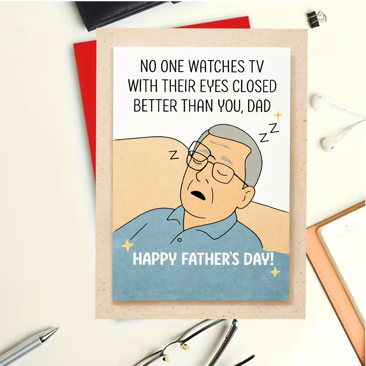 TEMU 1pc Funny Father' Day Greeting Card, Featuring A Cartoon Of A Dad Napping With The Text "no 1 Watches Tv With Better Than You," Suitable For