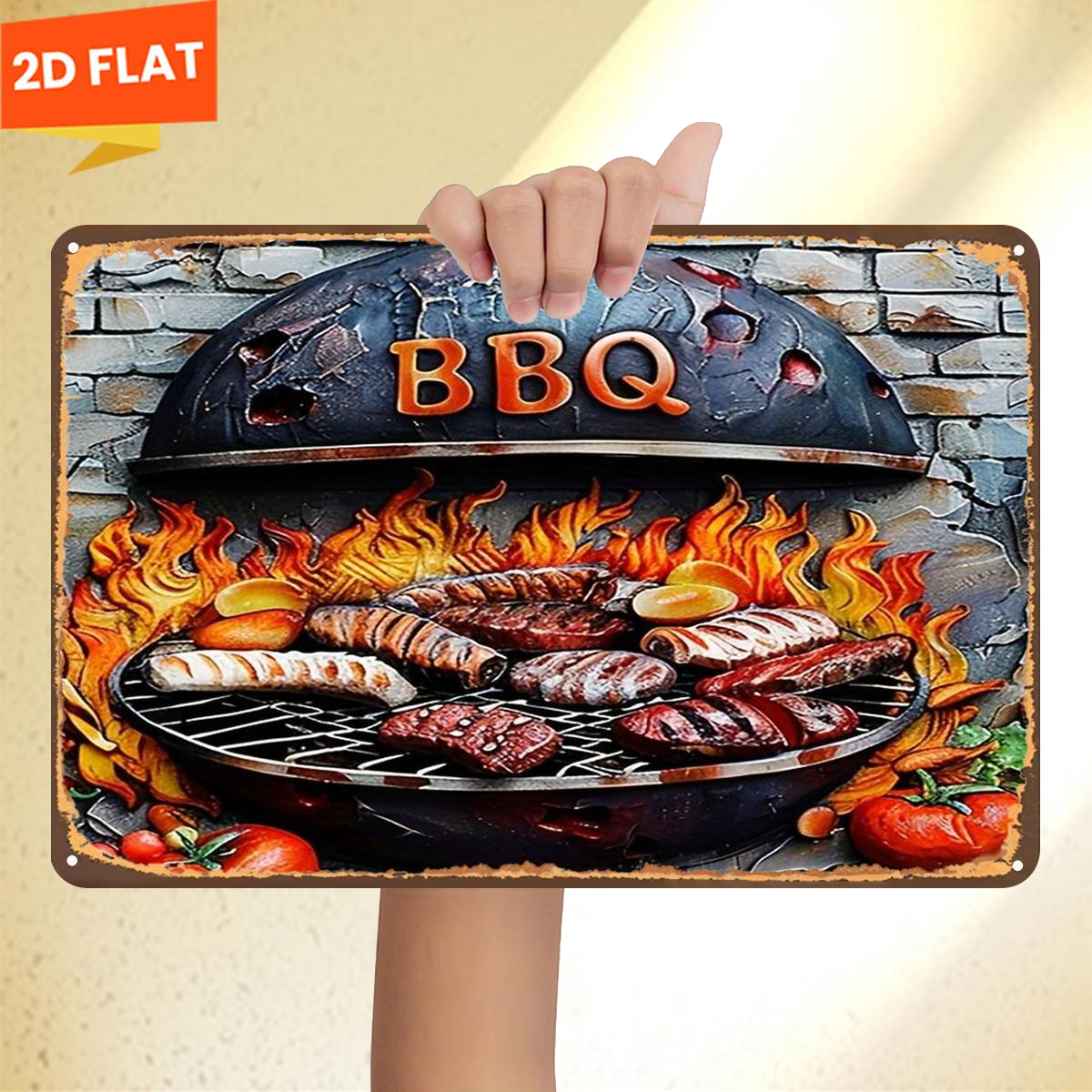 2d plat 1- ,   bbq grill met vlammen en gegrild vlees, metalen ijzeren bord, afmeting (8x12/20cm*30cm) decoratieve schilderijen/kamer/restaurant/bar/deur/garage decor