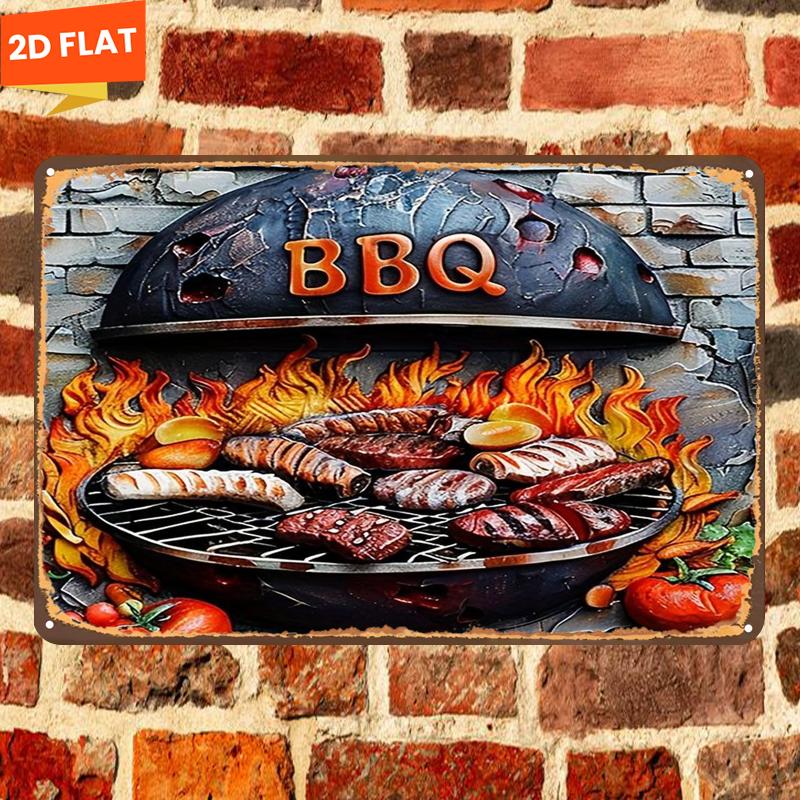 artikel foto 2d plat 1- ,   bbq grill met vlammen en gegrild vlees, metalen ijzeren bord, afmeting (8x12/20cm*30cm) decoratieve schilderijen/kamer/restaurant/bar/deur/garage decor