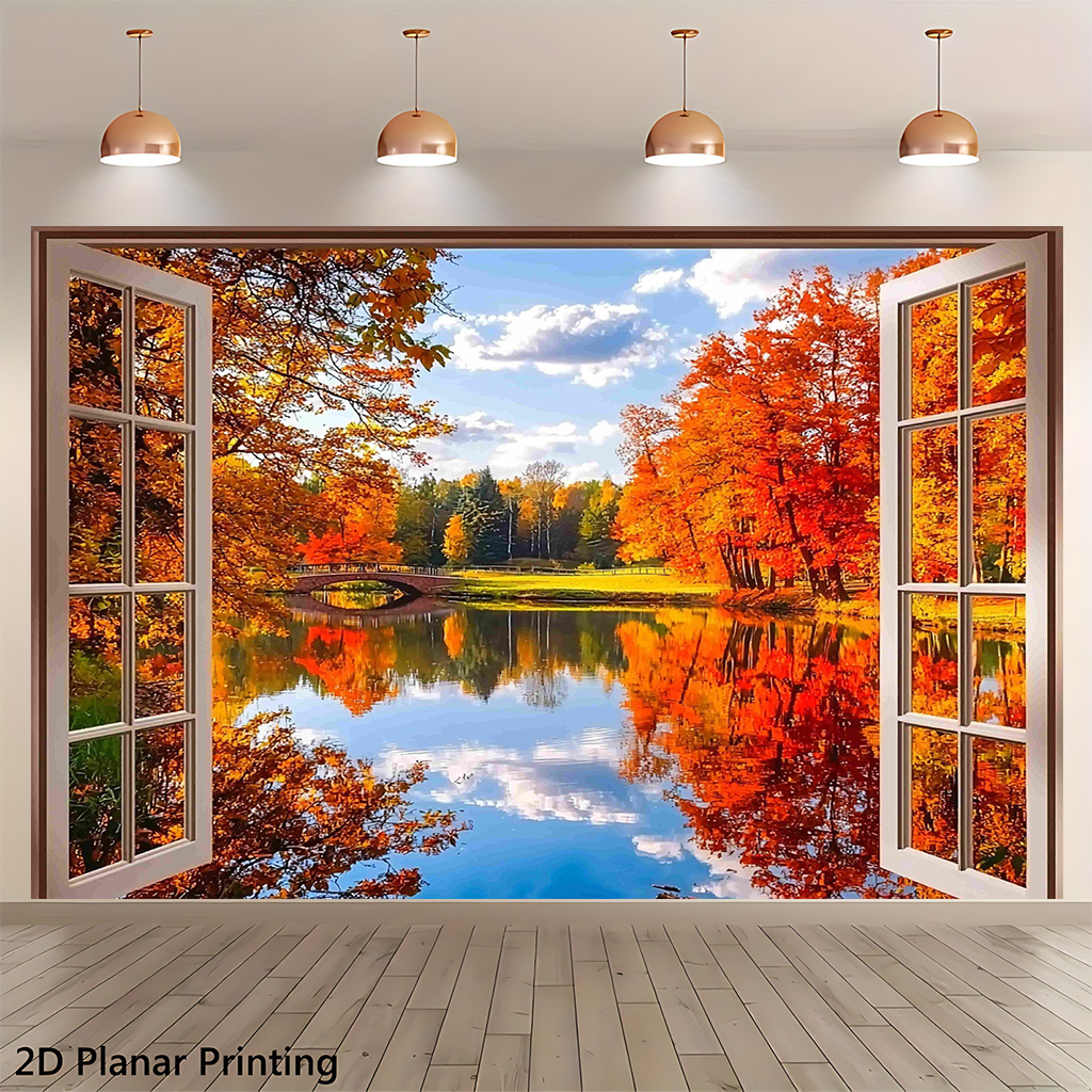 2D Flat Autumn Scenery Outside Window Wall Decoration Banner