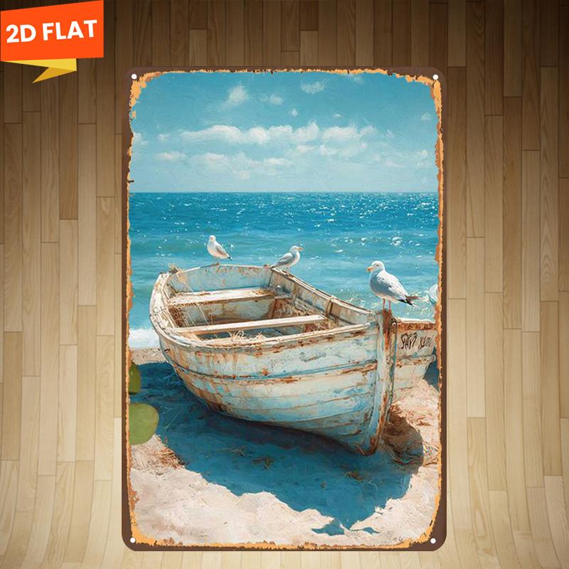 TEMU 2d Flat 1pc, A Weathered Boat Rests On With Perched , Metal Lron Sign, Size(8"x12"/20cm*30cm) Decorative