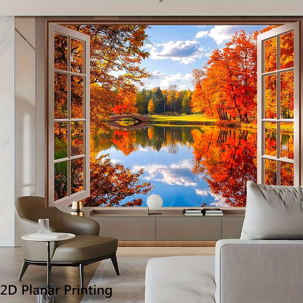 2D Flat Autumn Scenery Outside Window Wall Decoration Banner