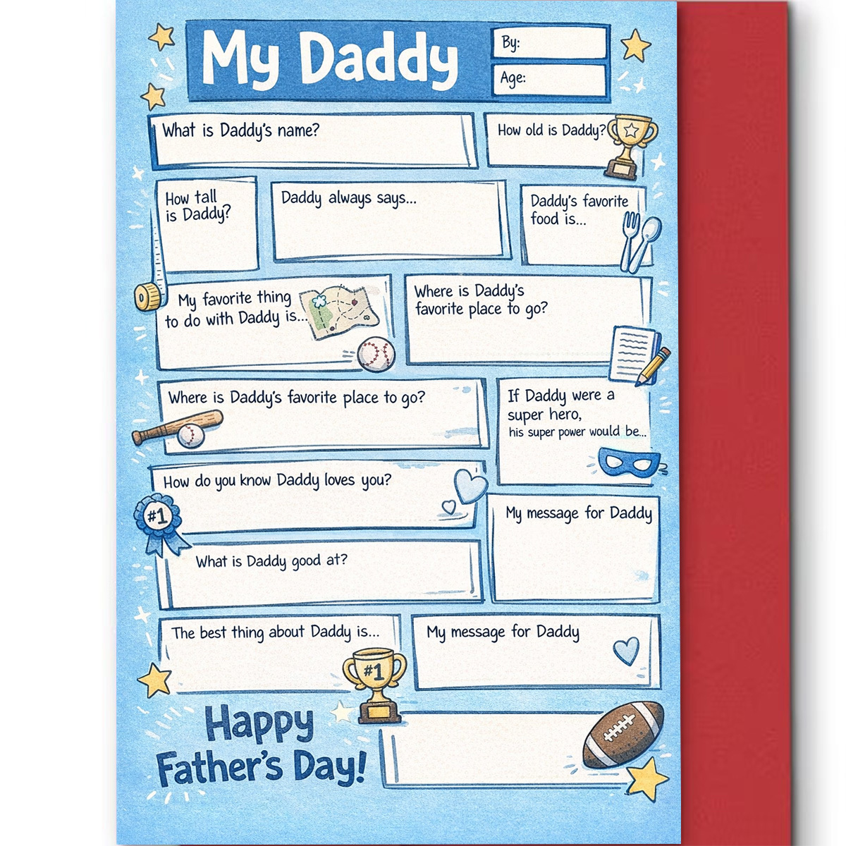 TEMU 1pc Father's Day Greeting Card, "my Daddy, " Blue The Blanks With Stars Trophies Baseball And Mask, Ideal For Dads, Mixed Text And Graphics