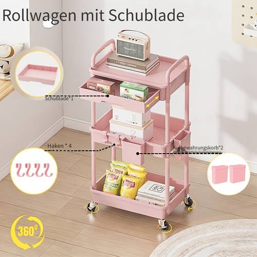 rollwagen mit 3 ebenen, schubladen und - multifunktionaler, mobiler kunststoffwagen für küche, badezimmer, büro, wohnzimmer - platzsparende, tragbare organisationslösung, kompaktes design und robuste konstruktion, leichte