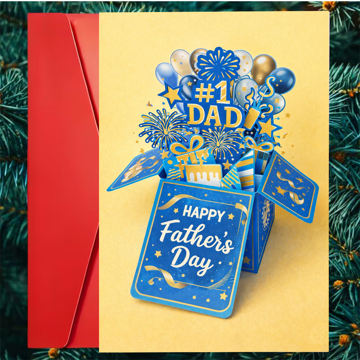 TEMU 1pc Festive Father's Day Card For Dads, "happy Father's Day" And "1 Dad", Blue And Up Box With Balloons Fireworks Gifts And Stars, Ideal For