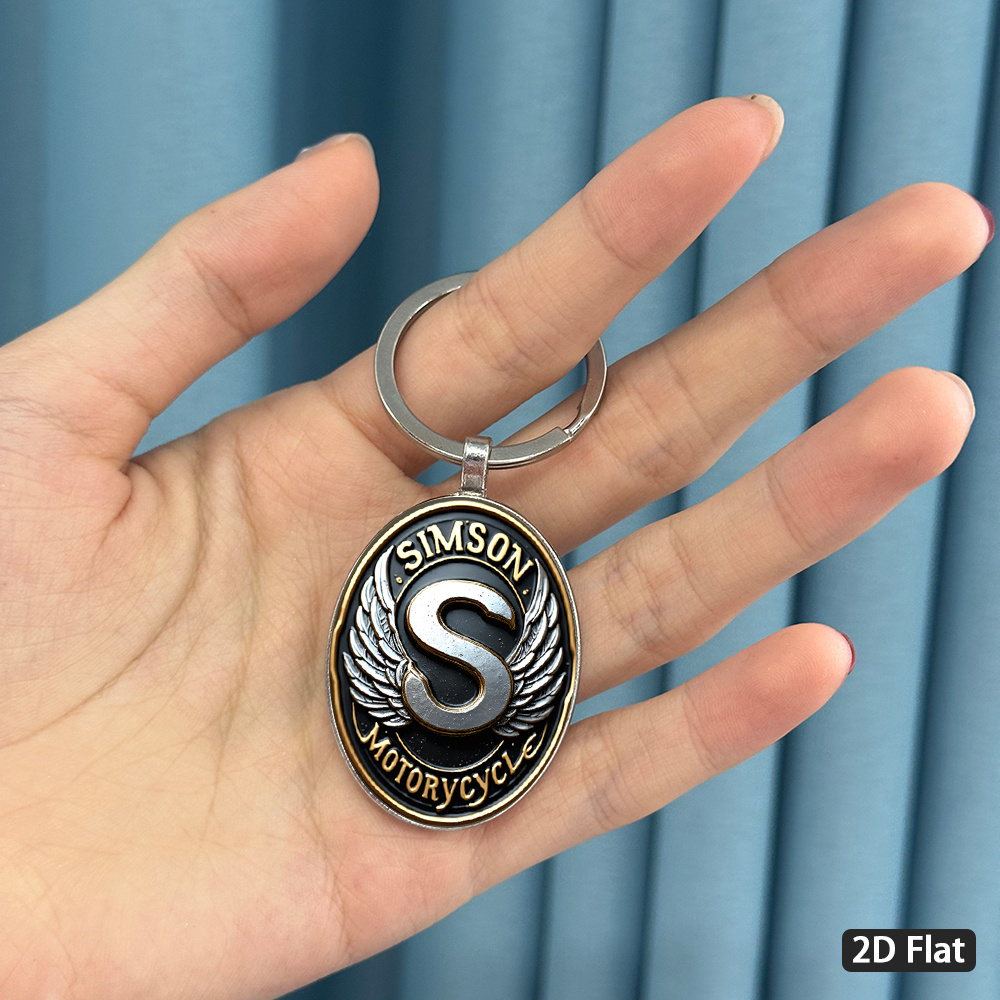 TEMU 2d Flat - 1pc2dflat, Retro Motorcycle Style "simsonmotocycle" Wing Keychain, Metal Silvery Wing, Black And Golden Color Matching Motorcycle