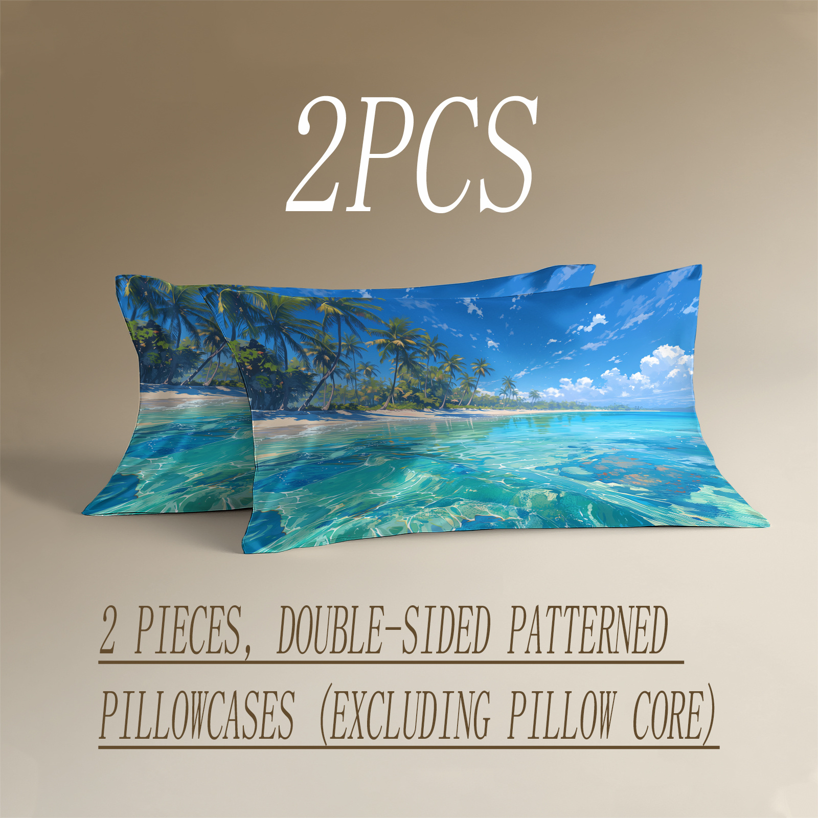 TEMU 2er-Set, doppelseitige gemusterte Kissenbezüge mit einem 2D-Flachdruck von blauem Himmel, azurblauem Meer, Strand Palmen. Elegante künstlerische