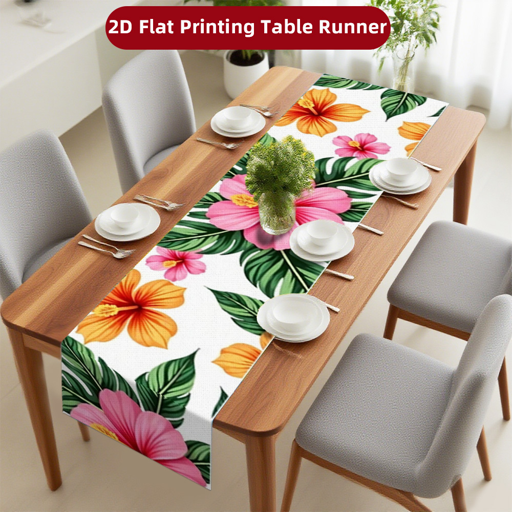 TEMU Bannière plate 2D en , chemin de table/nappe style Ins à motif d'hibiscus tropical rose-orange et de plantes , décoration épaissie et résistante