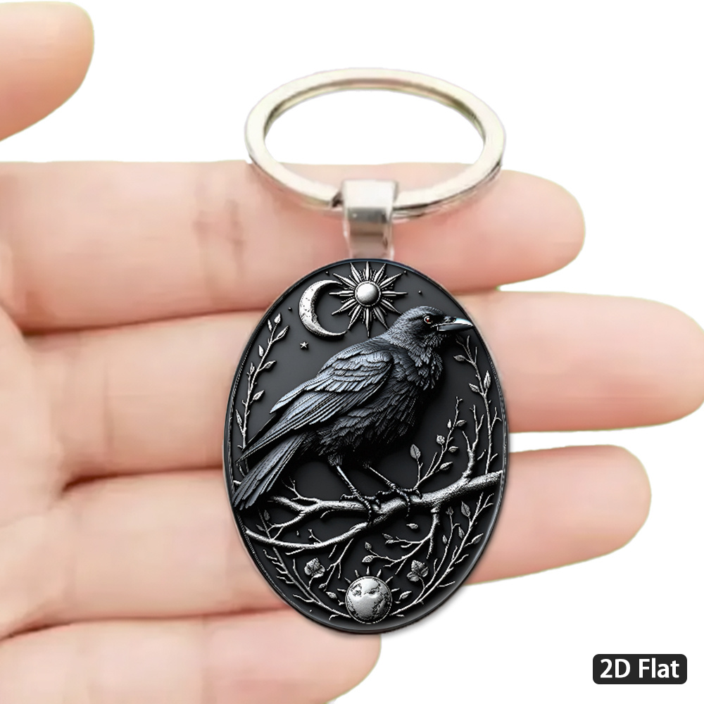 TEMU 2d Flat, 1pc 2d Flat Gothic Style "mysterious Crow With Sun And Moon Symbols" Themed Keychain, Medieval Design, Black And White Contrast,