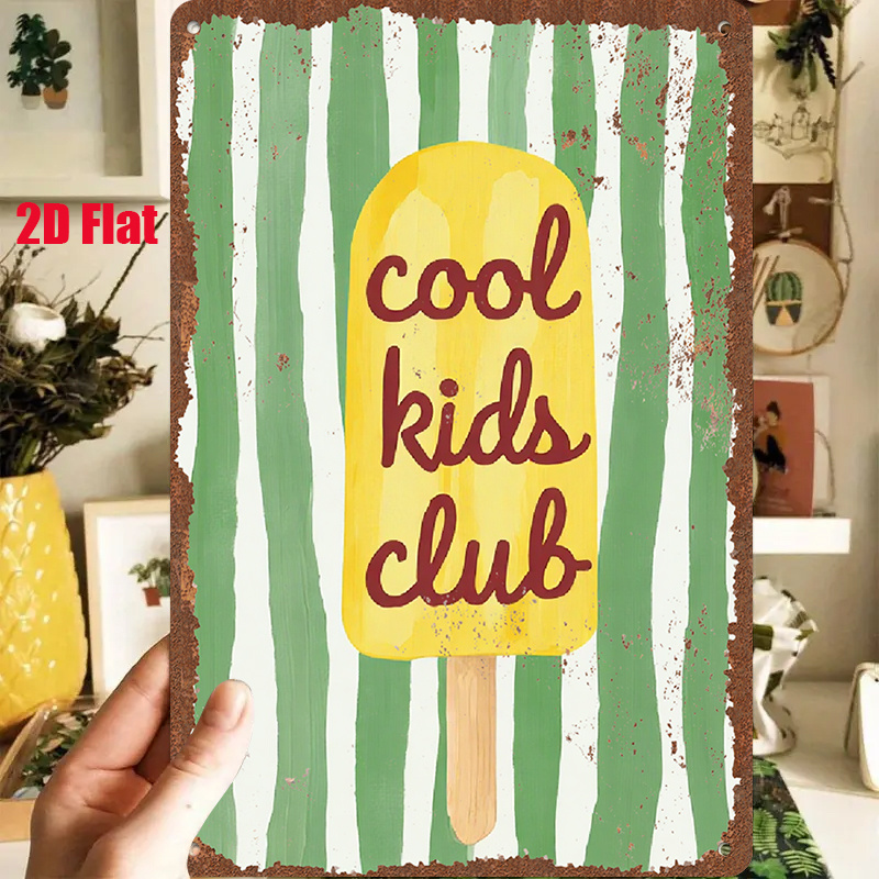 TEMU 2d Flat, 1pc 2d Flat Metal Sign, Vintage Tin Art "cool Kids Club" Ice Cream Design, 8x12 Inches / 20x30cm, Green Striped Background, Perfect For