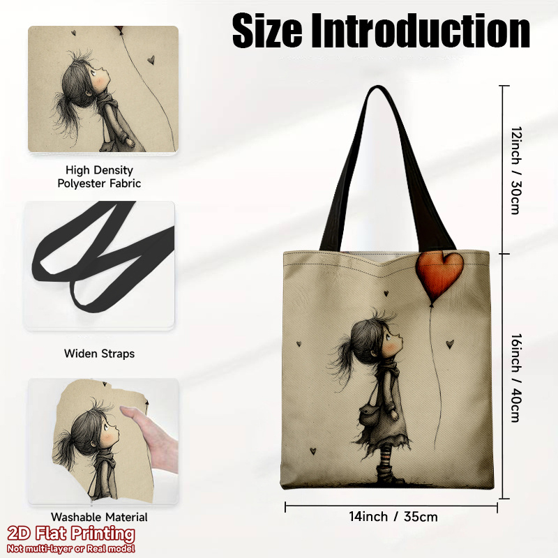 TEMU 1pc Suitable For Holding Heart Balloon Tote Bag - Foldable Square Shoulder Bag With Girl & Heart Balloon Print, Suitable For, Travel, Commuting,