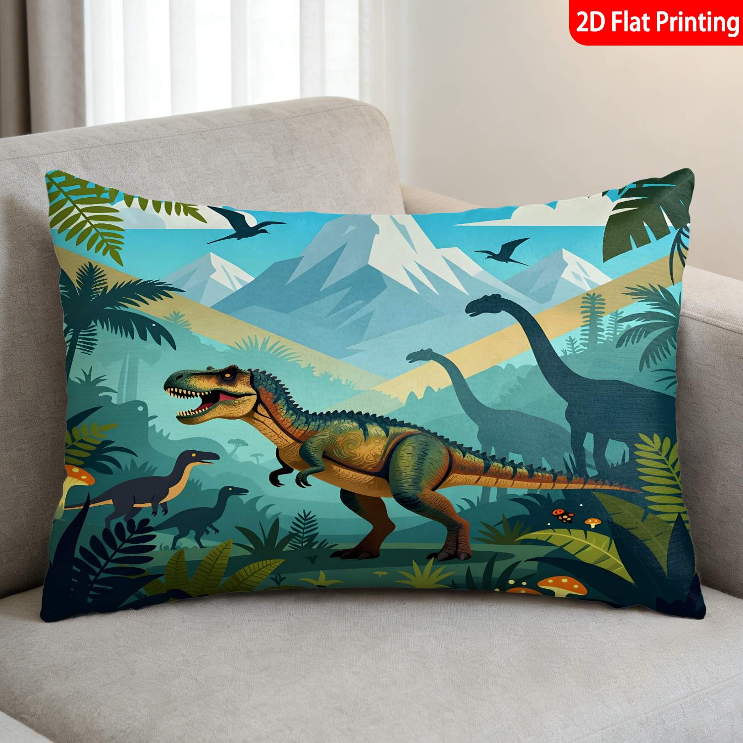 TEMU 1pc Pillowcase, (pillow Inserts Not Included) 2d Flat Print Dinosaur Jungle Mountain Pattern Product Printing And Vibrant Multicolor, Ideal For