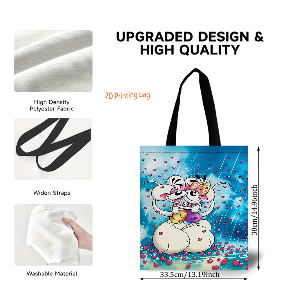 TEMU Handtasche Umhängetasche im neuen Stil 2026 mit 2D-Flachdruck, blaues Cartoon-Mäusepaar voller Liebe umarmend, für Outdoor-Einkäufe,
