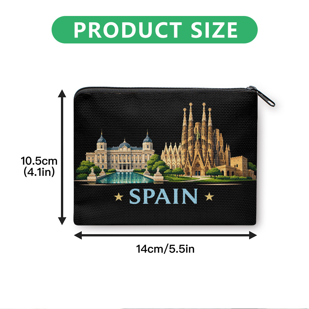 TEMU スペインのプリント 小銭入れ＆バッグ スペインがテーマの象徴的な建築物付きポーチ 洗濯機洗い対応 ティック・イヤホン・化粧品整理用ウォレット 旅行用ギフト