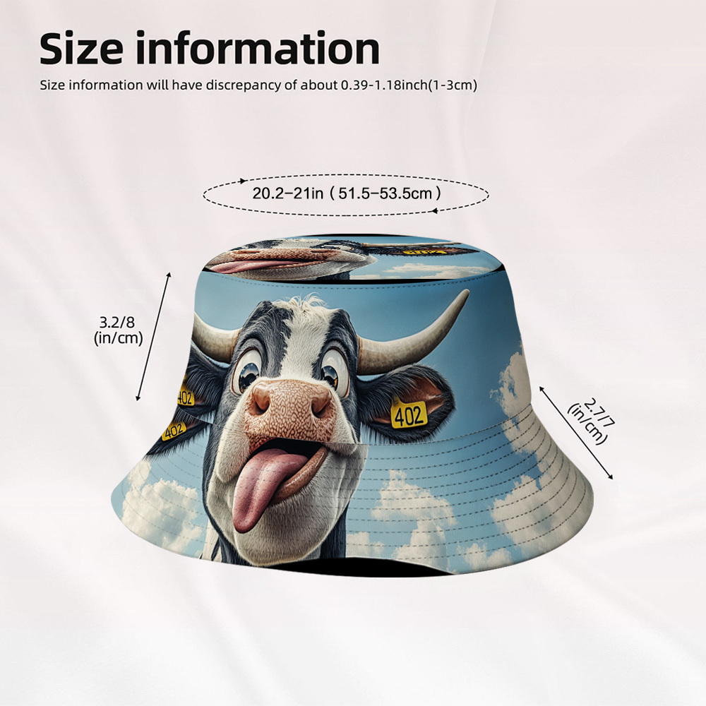 TEMU 1pc 2d Flat Funny Cow With Clouds Printed Fisherman Hats, Great For Seaside Trips, Street Fashion Shoots, Music Events, Park Picnics, Cafe