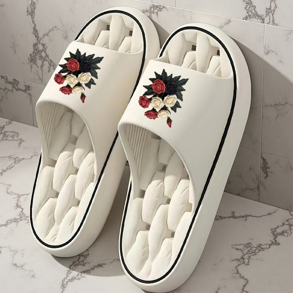 TEMU 1 Pair Women's & Unisex Eva Slippers Suitable For Indoor/outdoor Use, Slip- House Shoes With Rose Floral Print, - Cushioned Sole & Arch -